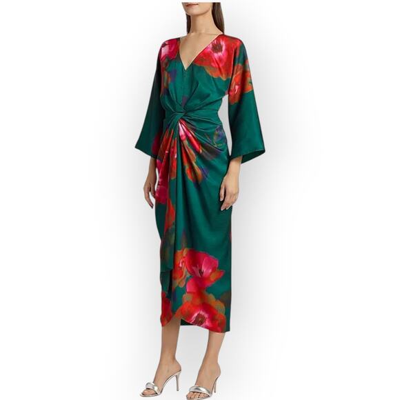 Sz 8 FIGUE Kyle Dress Floral Teal V-Neck Midi Dolman/Kimono TwistFront Satin NEW - Picture 15 of 16